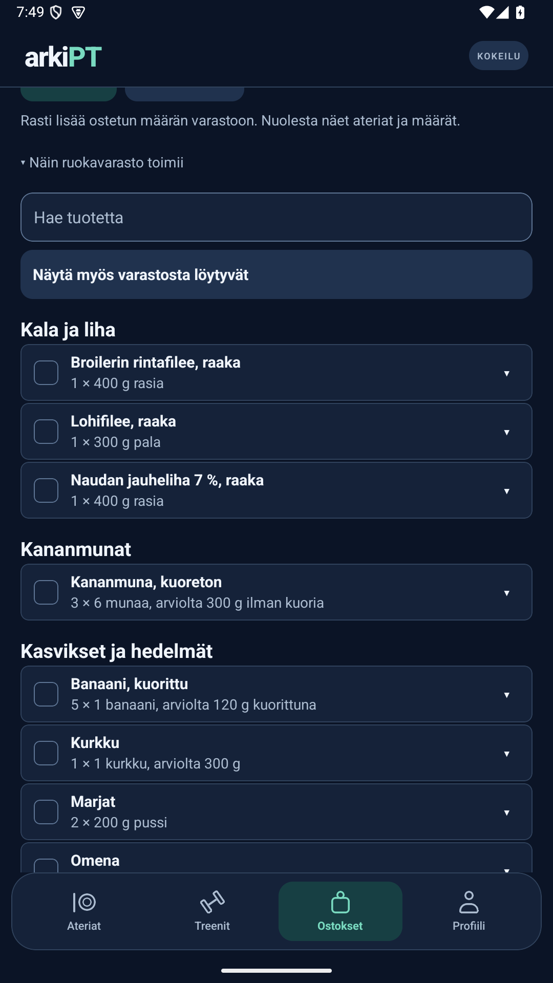 Ostoslista tuotemäärineen ja ostoskuittauksineen
